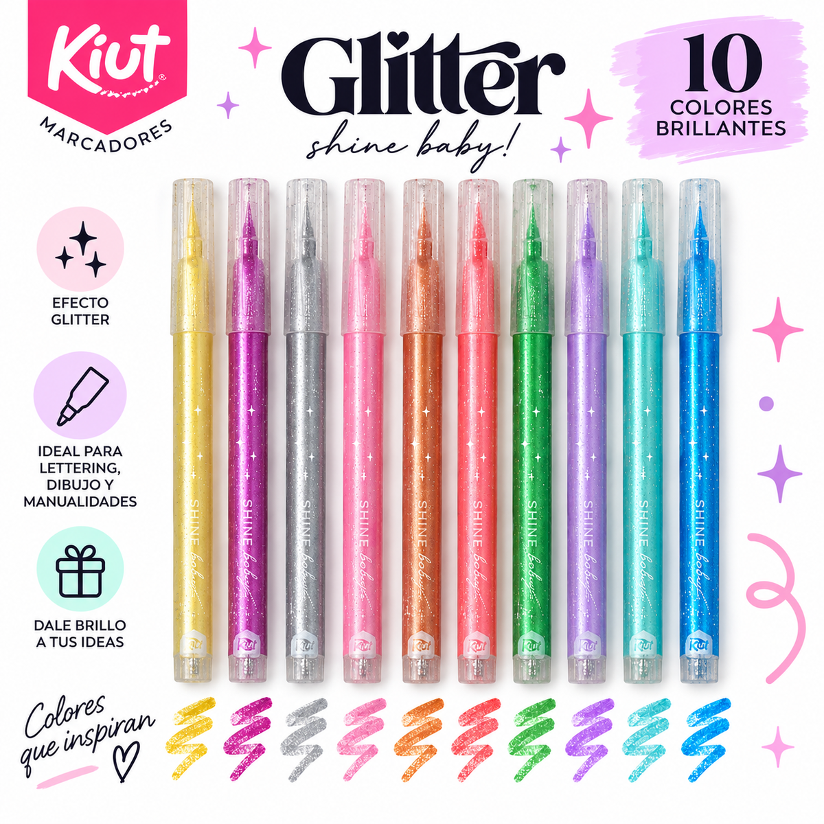Kiut Marcadores Glitter con Brillo 10 Colores – Set 10 Piezas
