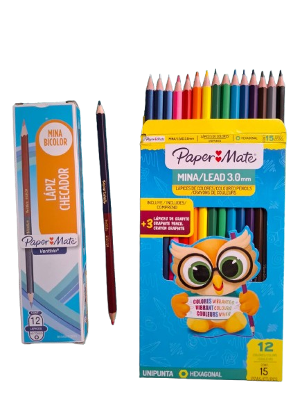 Paper Mate 12 colores + 3 Lapices Mina 3.0mm + 12 Lapices Bicolor
