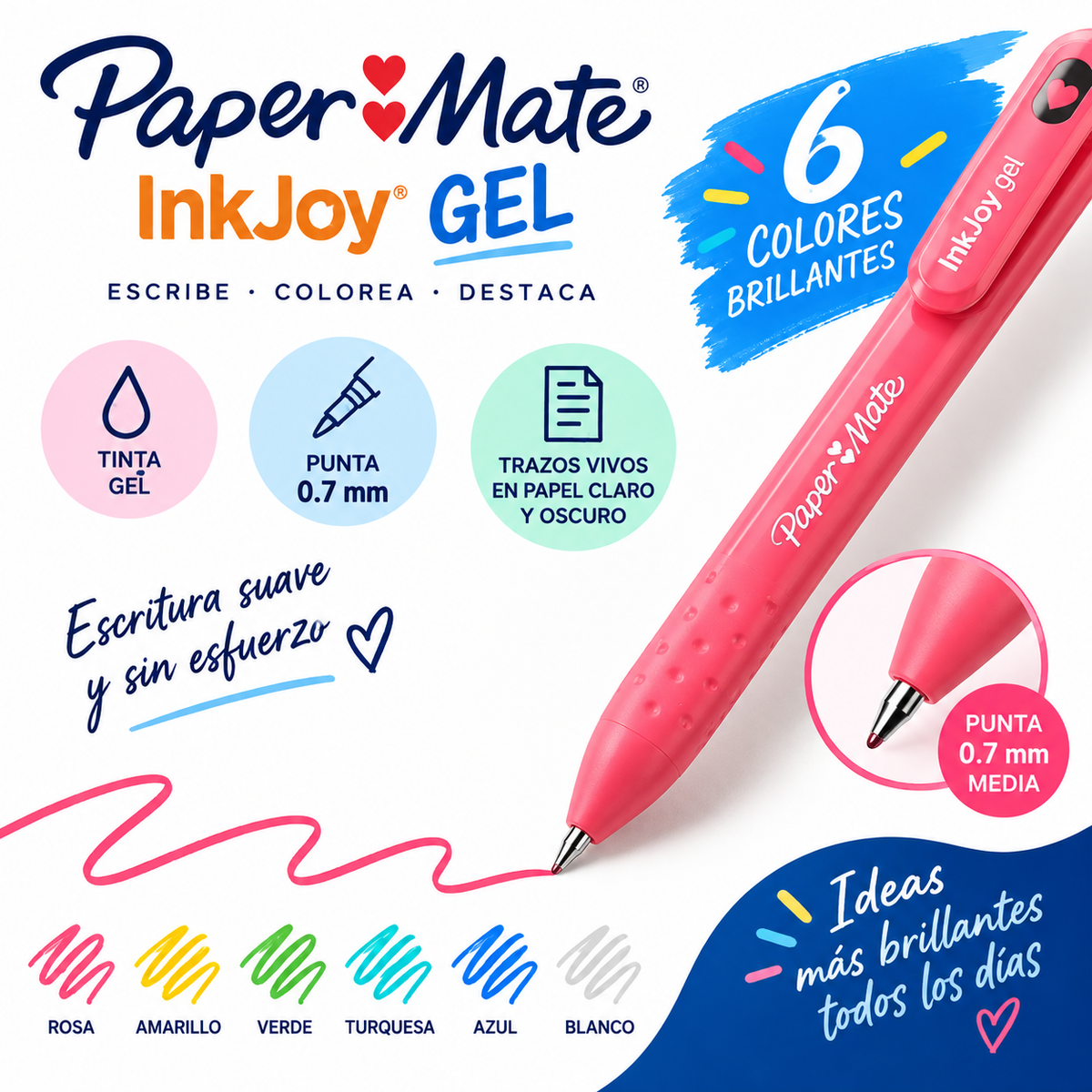 Paper Mate InkJoy Gel 0.7 mm – 6 Bolígrafos Colores Brillantes