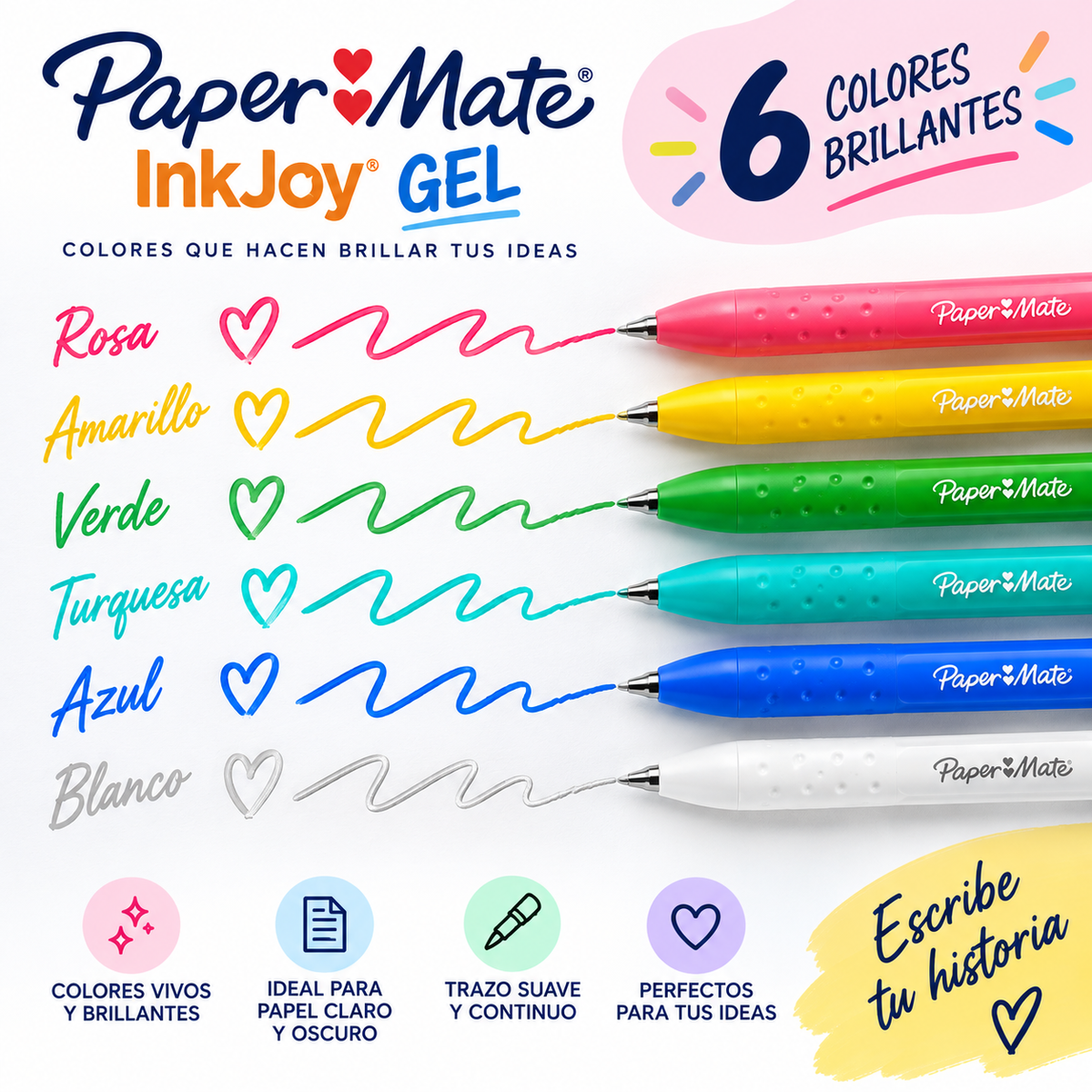 Paper Mate InkJoy Gel 0.7 mm – 6 Bolígrafos Colores Brillantes