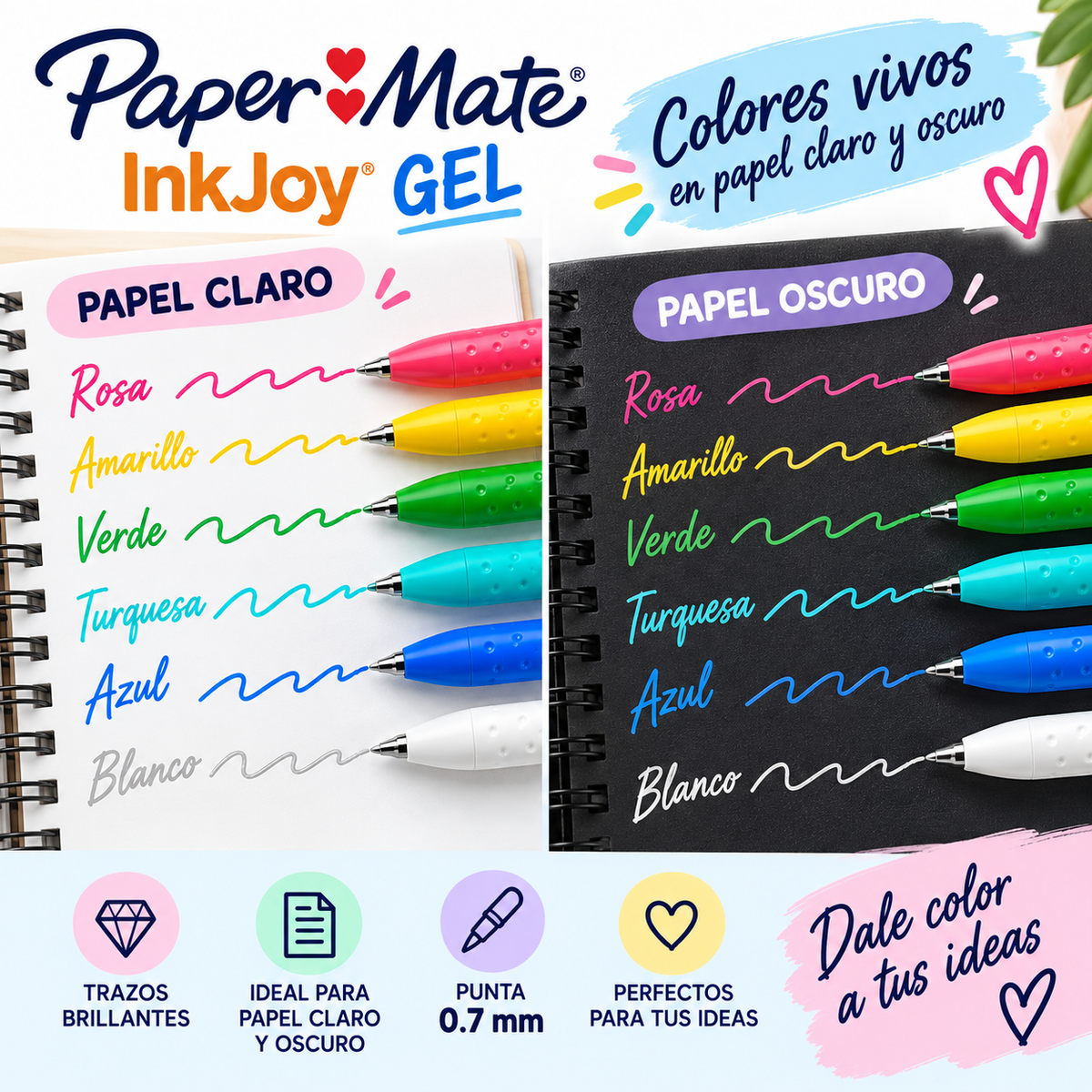Paper Mate InkJoy Gel 0.7 mm – 6 Bolígrafos Colores Brillantes