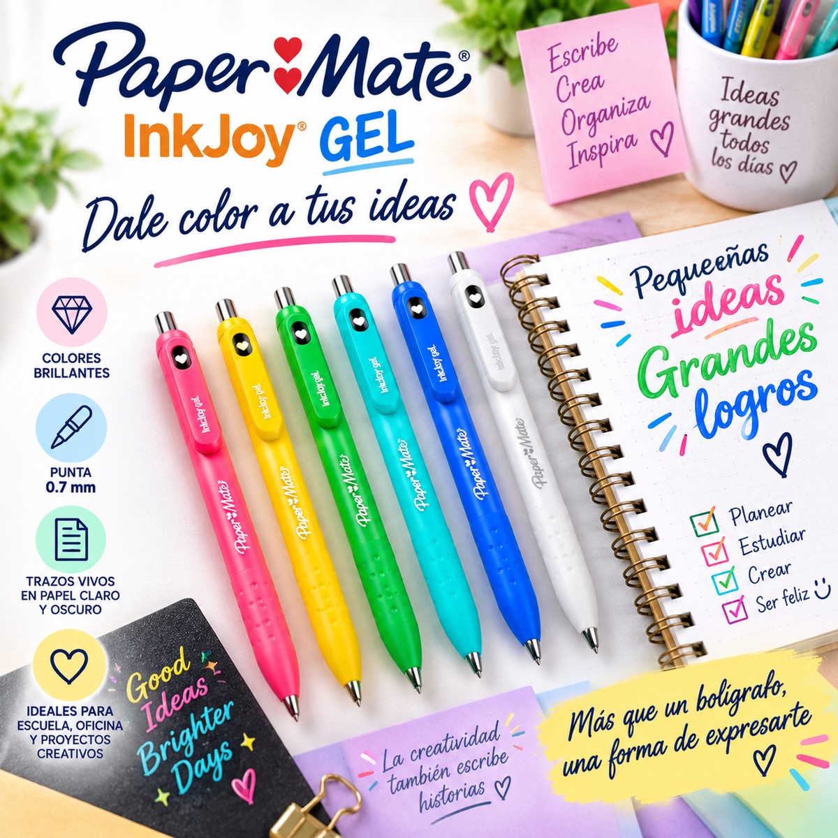 Paper Mate InkJoy Gel 0.7 mm – 6 Bolígrafos Colores Brillantes