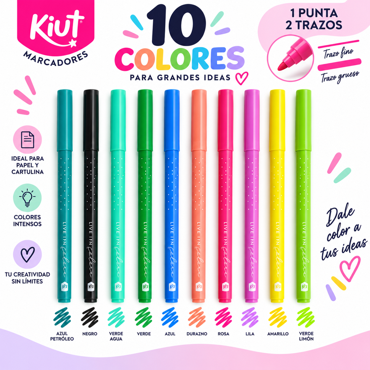 Marcadores Kiut 10 Colores – 1 Punta 2 Trazos