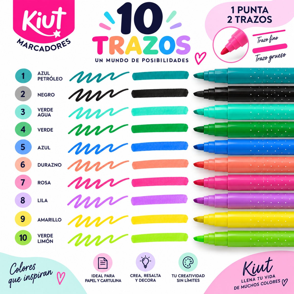 Marcadores Kiut 10 Colores – 1 Punta 2 Trazos