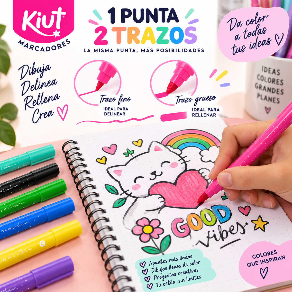 Marcadores Kiut 10 Colores – 1 Punta 2 Trazos