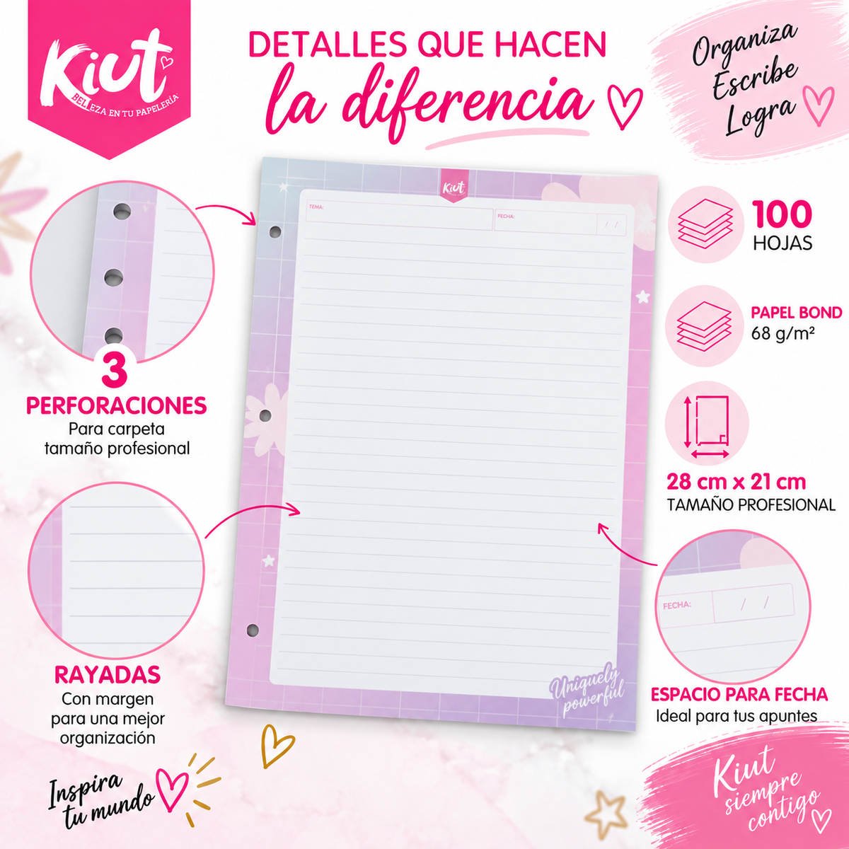 Repuesto de Hojas Kiut para Carpeta – 100 Hojas Rayadas, 3 Perforaciones