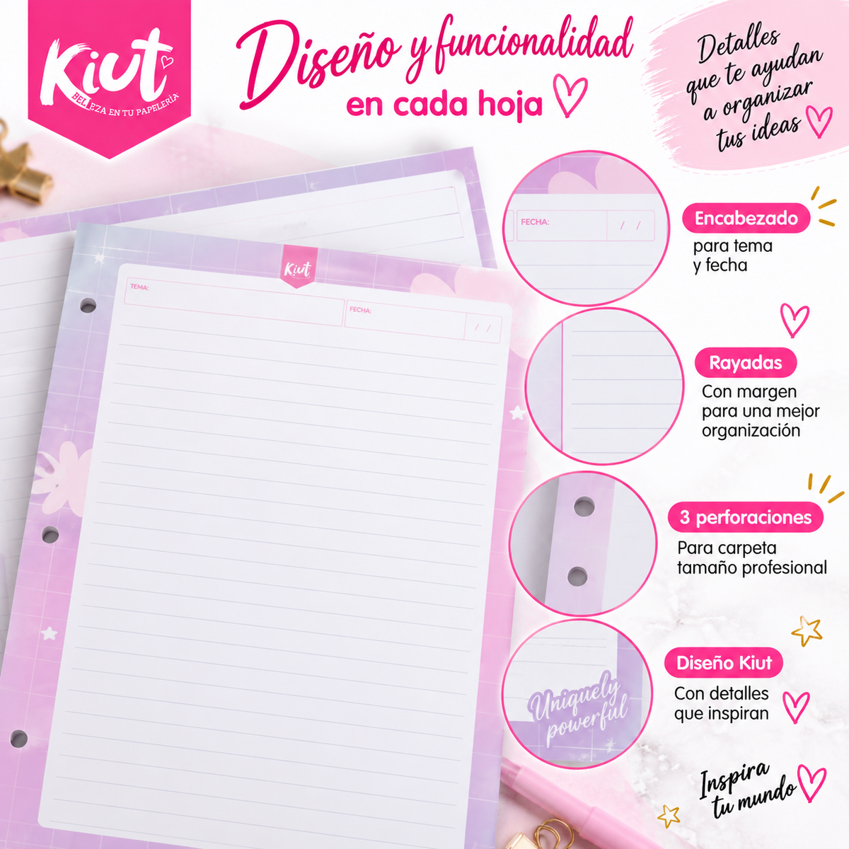 Repuesto de Hojas Kiut para Carpeta – 100 Hojas Rayadas, 3 Perforaciones