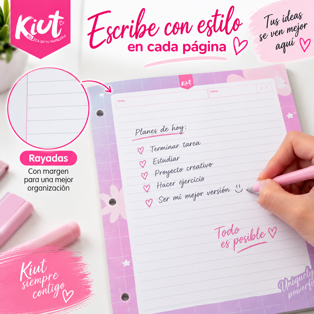 Repuesto de Hojas Kiut para Carpeta – 100 Hojas Rayadas, 3 Perforaciones