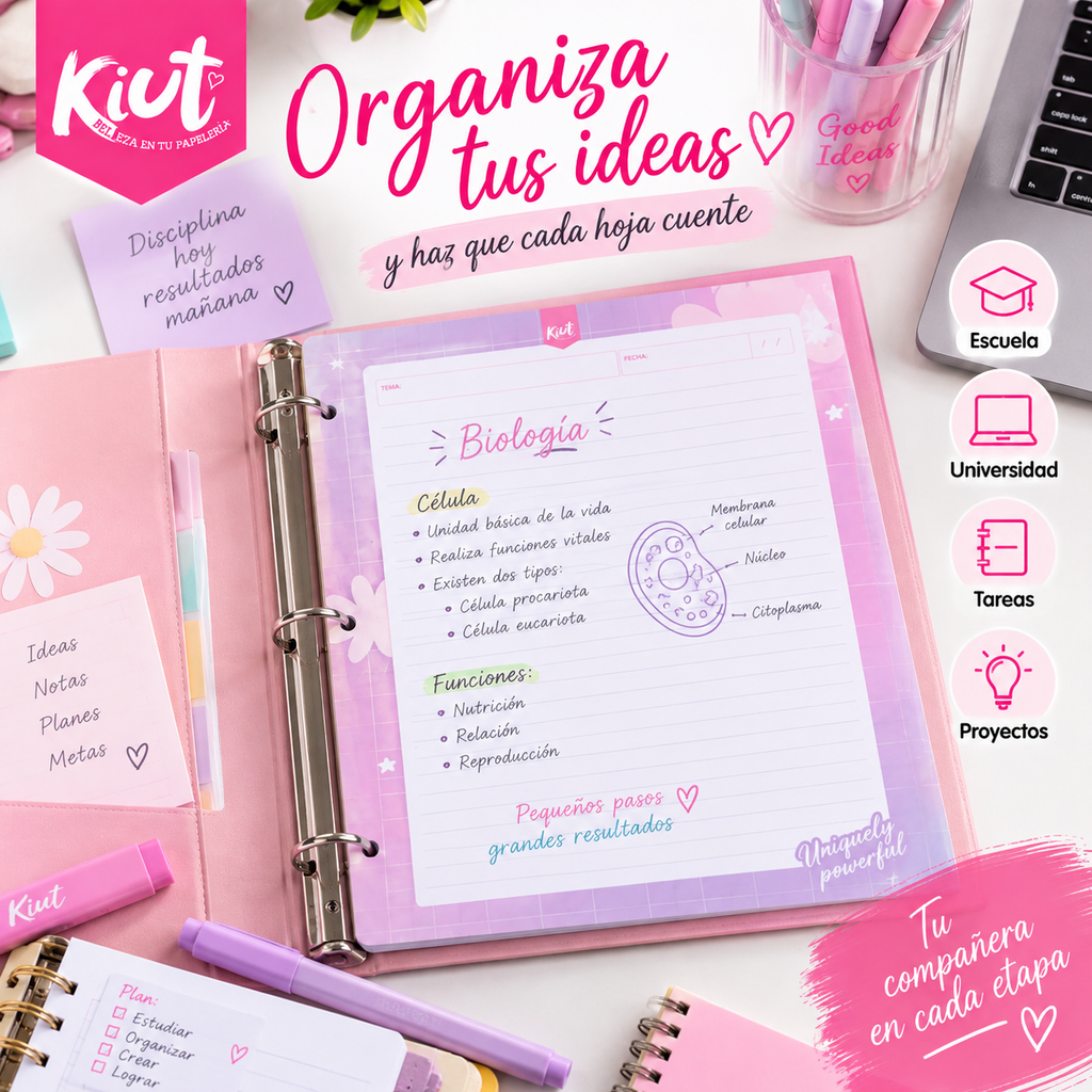 Repuesto de Hojas Kiut para Carpeta – 100 Hojas Rayadas, 3 Perforaciones