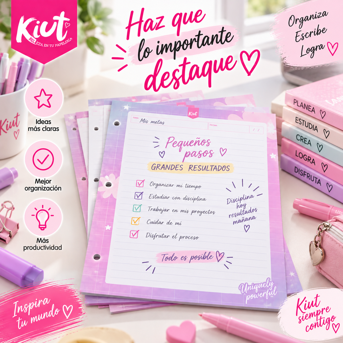 Repuesto de Hojas Kiut para Carpeta – 100 Hojas Rayadas, 3 Perforaciones