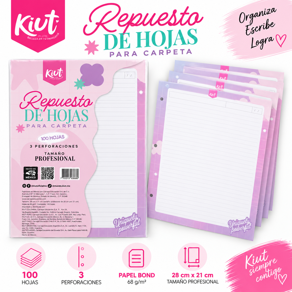 Repuesto de Hojas Kiut para Carpeta – 100 Hojas Rayadas, 3 Perforaciones