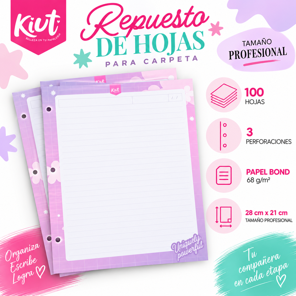 Repuesto de Hojas Kiut para Carpeta – 100 Hojas Rayadas, 3 Perforaciones