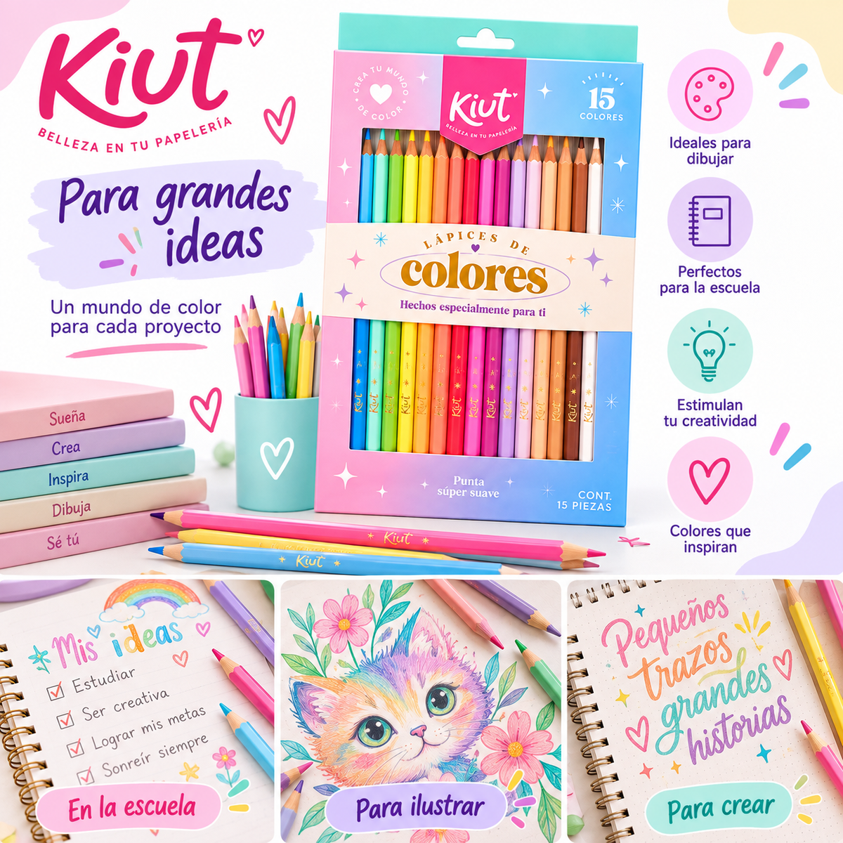 Lápices De Colores Kiut 15 Piezas Punta Súper Suave