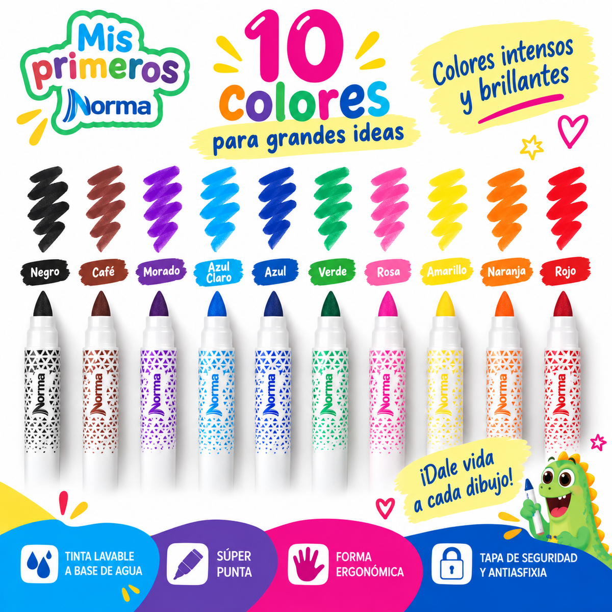 Marcadores Lavables Jumbo Norma Mis Primeros – 10 Colores