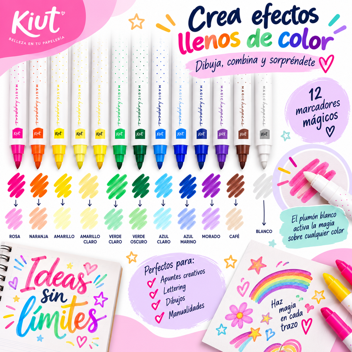 Marcadores Mágicos Kiut 12 Piezas – Plumones que Cambian de Color