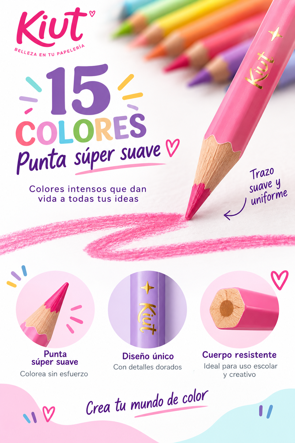 Lápices De Colores Kiut 15 Piezas Punta Súper Suave