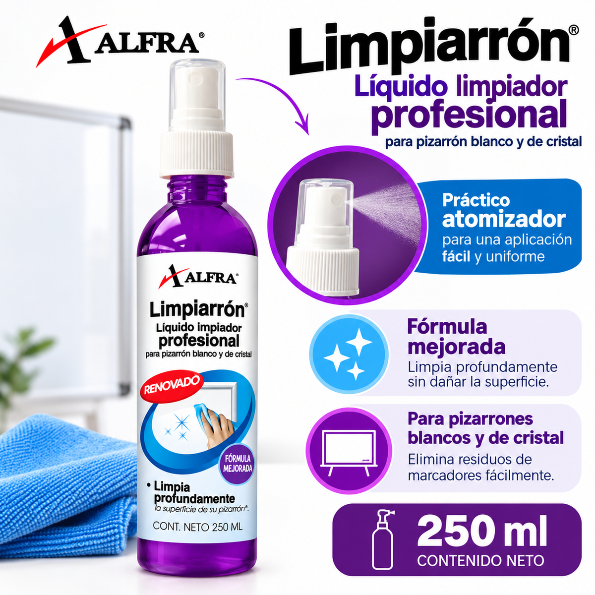 Limpiador Pizarrón Blanco Y Cristal Alfra Limpiarrón 250ml