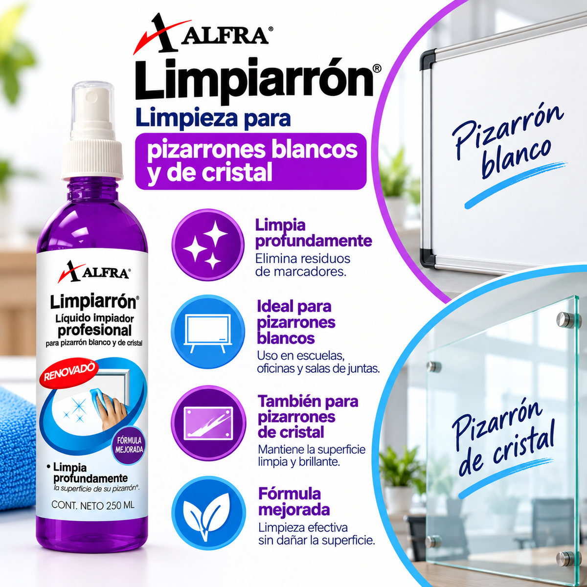 Limpiador Pizarrón Blanco Y Cristal Alfra Limpiarrón 250ml