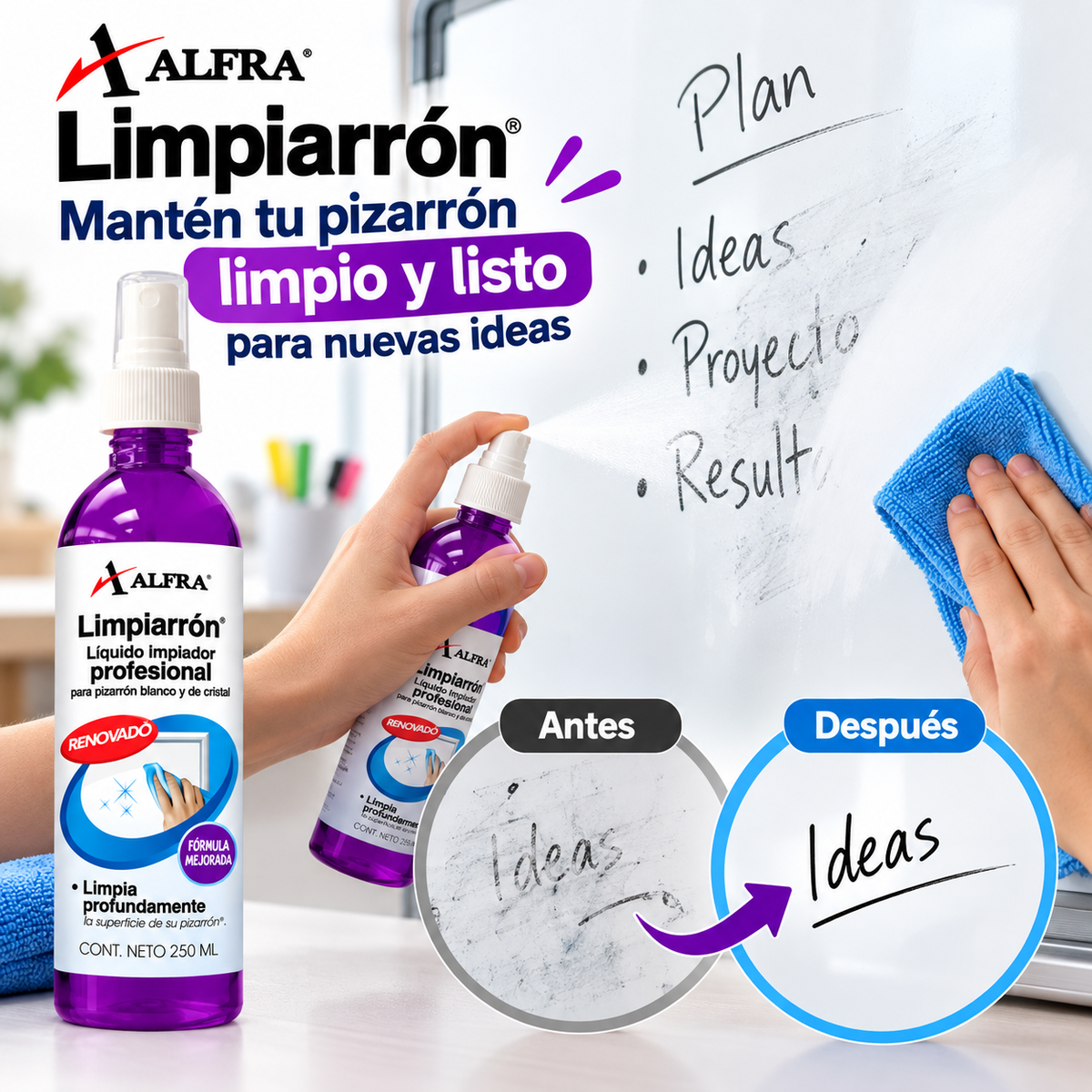 Limpiador Pizarrón Blanco Y Cristal Alfra Limpiarrón 250ml