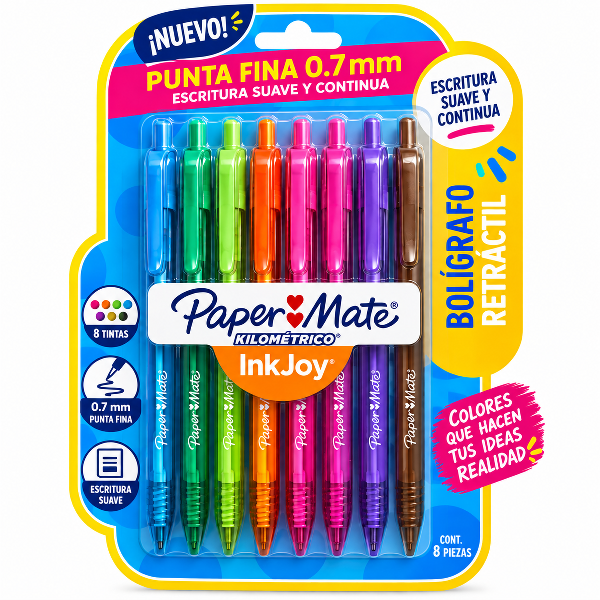 Bolígrafos Paper Mate InkJoy Retráctiles 0.7 mm – 8 Colores