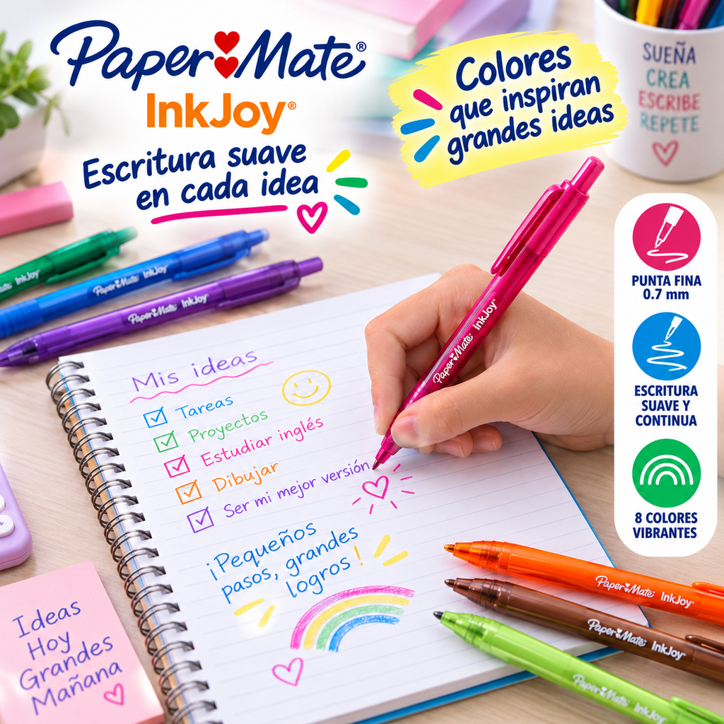 Bolígrafos Paper Mate InkJoy Retráctiles 0.7 mm – 8 Colores