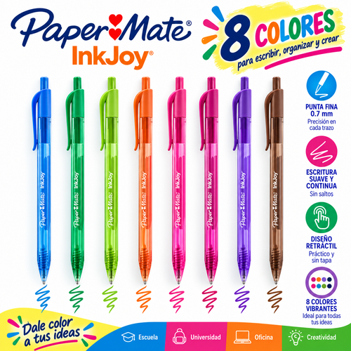 Bolígrafos Paper Mate InkJoy Retráctiles 0.7 mm – 8 Colores