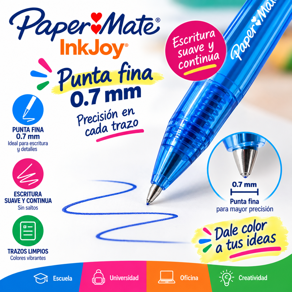 Bolígrafos Paper Mate InkJoy Retráctiles 0.7 mm – 8 Colores