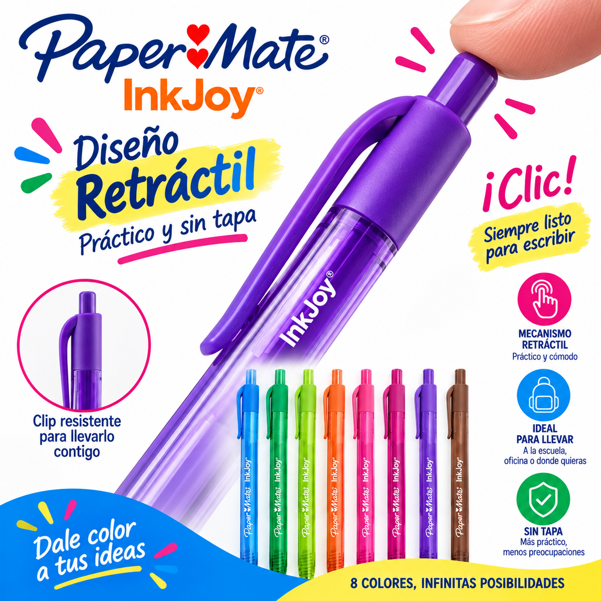 Bolígrafos Paper Mate InkJoy Retráctiles 0.7 mm – 8 Colores