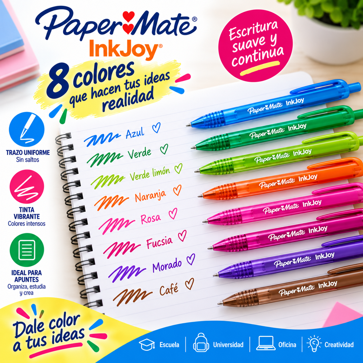 Bolígrafos Paper Mate InkJoy Retráctiles 0.7 mm – 8 Colores