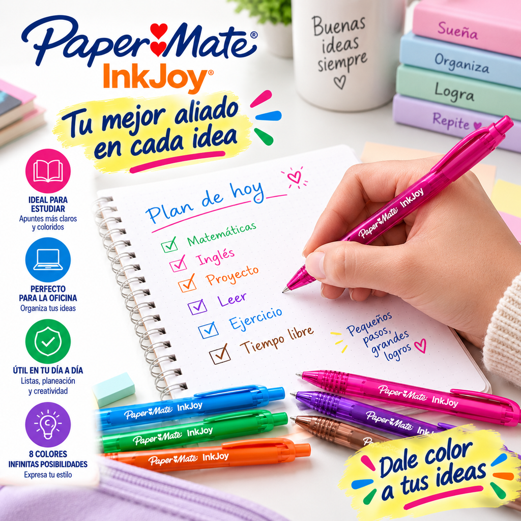 Bolígrafos Paper Mate InkJoy Retráctiles 0.7 mm – 8 Colores