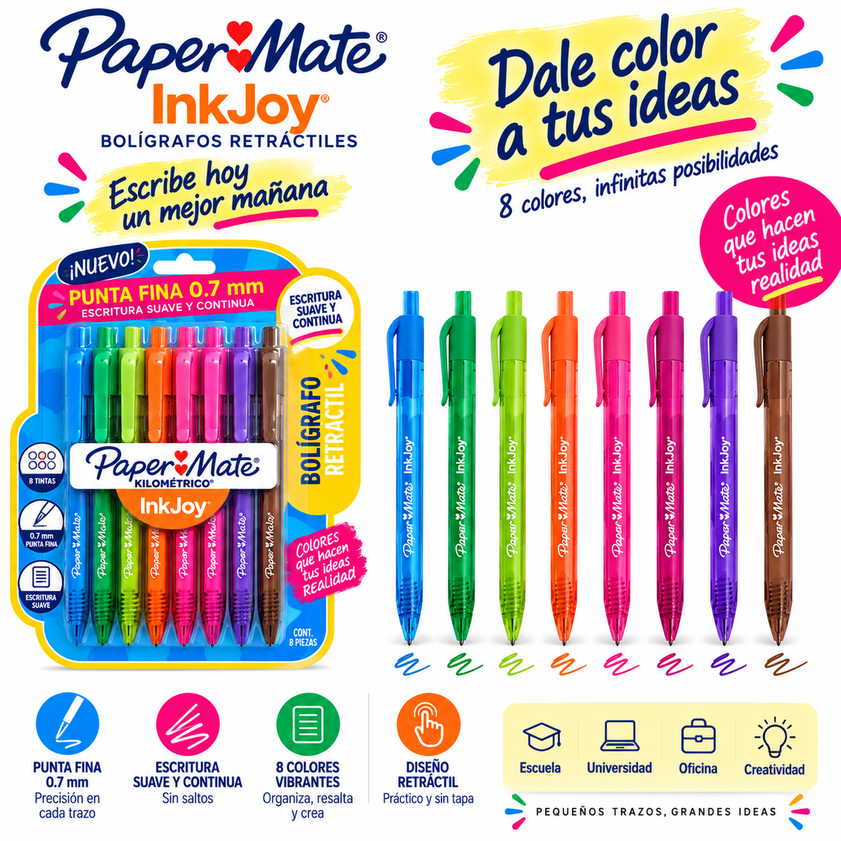 Bolígrafos Paper Mate InkJoy Retráctiles 0.7 mm – 8 Colores