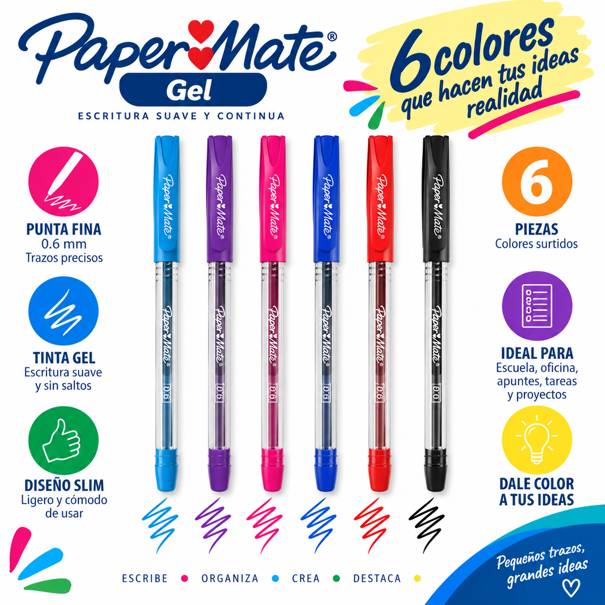 Paper Mate Gel 6 Bolígrafos Colores Surtidos Punta Fina 0.6mm