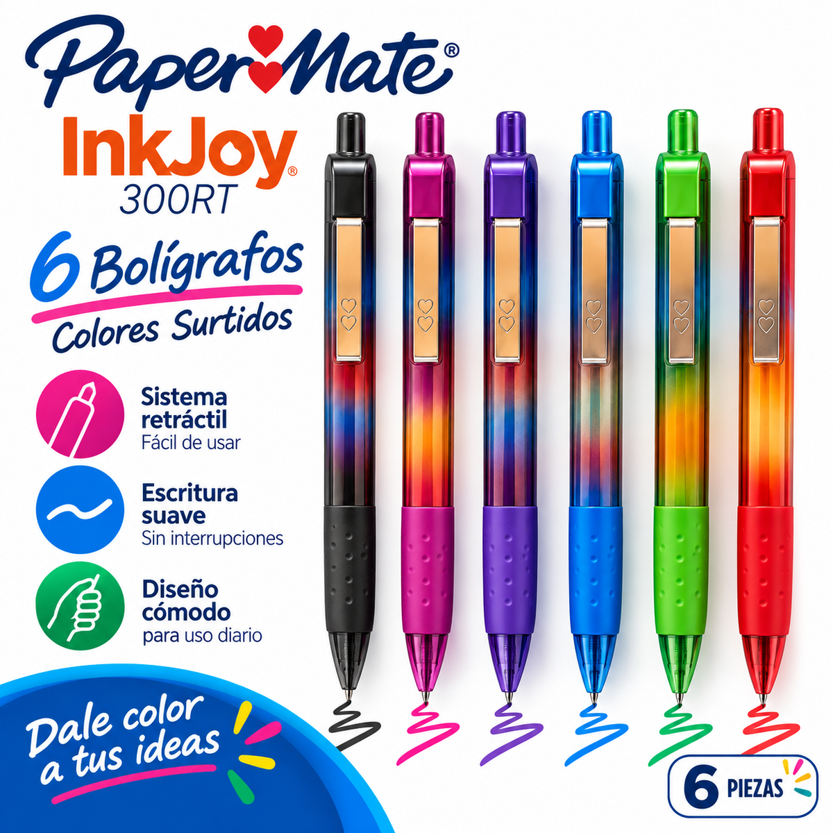 Paper Mate InkJoy 300RT – 6 Bolígrafos Colores Surtidos Punta 1.0 mm