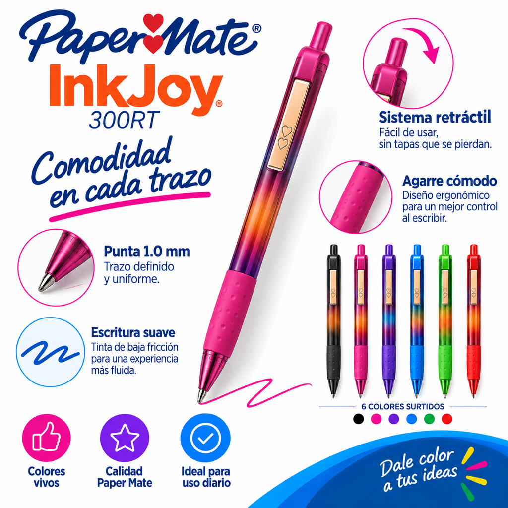 Paper Mate InkJoy 300RT – 6 Bolígrafos Colores Surtidos Punta 1.0 mm