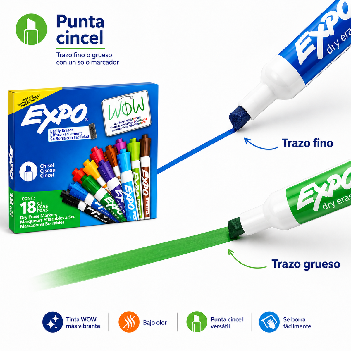 Marcadores EXPO para Pizarrón Blanco – 18 Piezas | Punta Cincel, Colores Surtidos