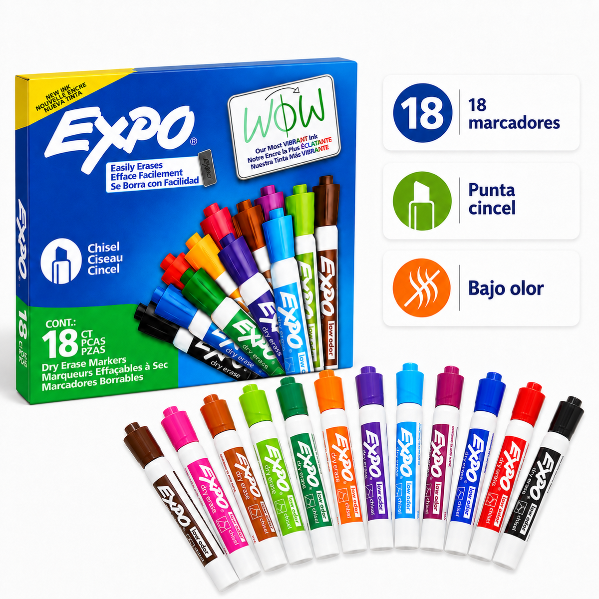 Marcadores EXPO para Pizarrón Blanco – 18 Piezas | Punta Cincel, Colores Surtidos