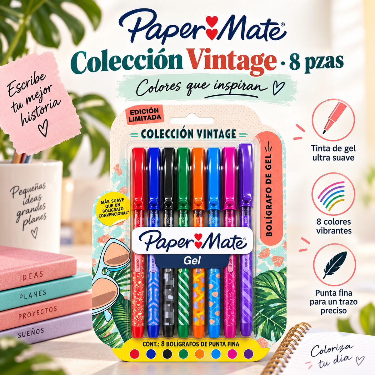 Boligrafo Gel Paper Mate Vintage X 8 Colores Multicolor Varios