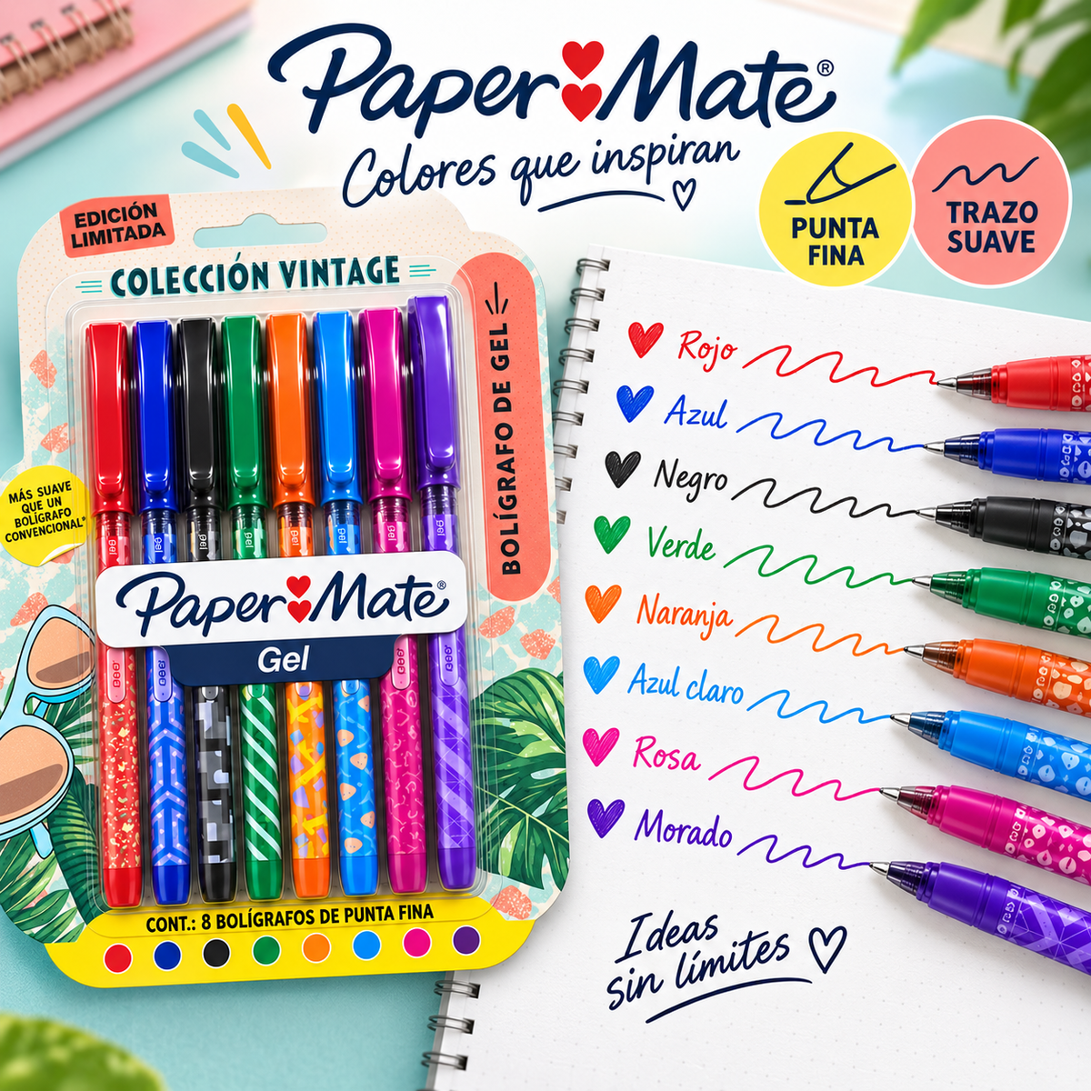 Boligrafo Gel Paper Mate Vintage X 8 Colores Multicolor Varios