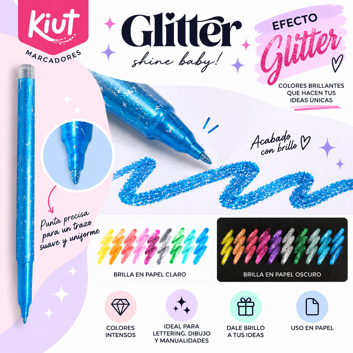 Kiut Marcadores Glitter con Brillo 10 Colores – Set 10 Piezas