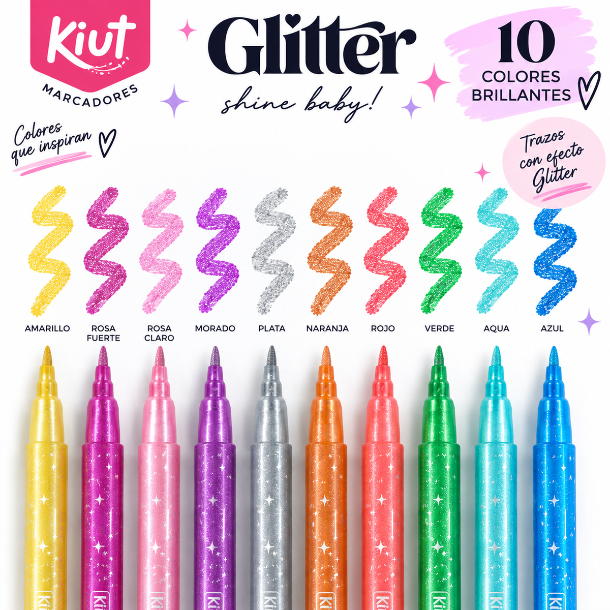 Kiut Marcadores Glitter con Brillo 10 Colores – Set 10 Piezas